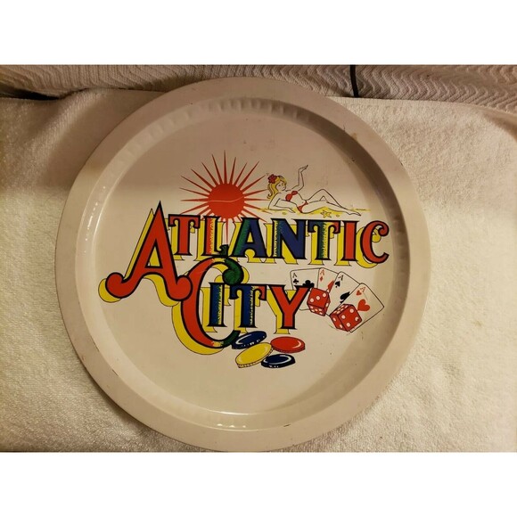 Vintage Atlantic City New Jersey Tin Serving Tray Souvenir Barware - Picture 1 of 4